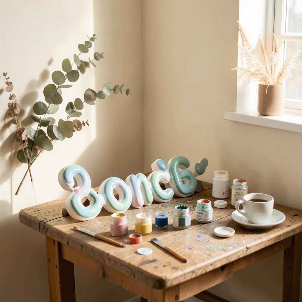 Bubble Letters som torkar på ett arbetsbord i studion